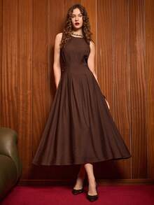 Uhlyne 女士极简亚麻连衣裙，圆领无袖褶裥腰身法式时尚连衣裙，复古优雅，适合日常休闲、度假、派对、通勤等各种场合。 - 咖啡 - 查看 7