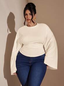 SHEIN BAE Plus Size Elegant Minimalist Solid Color Ruched Waist T-Shirt, Suitable For Commuting, Autumn - Apricot - View 1
