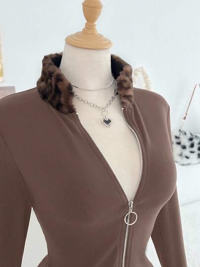 Elamini Sudadera con cremallera y estampado de leopardo en patchwork para mujer, versátil para salidas casuales y deportes, otoño/invierno