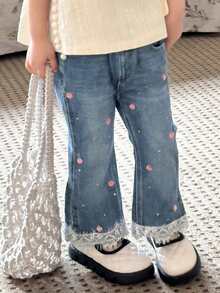 DAZY Jeans acampanados con bordado floral lindo para niñas - Azul lavado medio - Ver 4