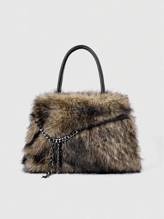 Grunge Punk Women's Chain Decor Plush Fashionable Versatile Handbag