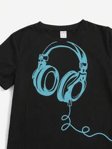 SHEIN 2pcs Tween Boy Headphone Print T-Shirt And Pants Set,Kids - Blue - View 4