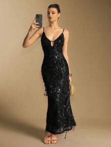 Poéselle 女士时尚亮片露背吊带连衣裙，适合派对穿着 - 黑色 - 查看 6