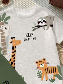 SHEIN 男童休闲T恤短裤套装（2件套），经典可爱动物印花 - 狮子、老虎、树懒、长颈鹿、卡通动物图案