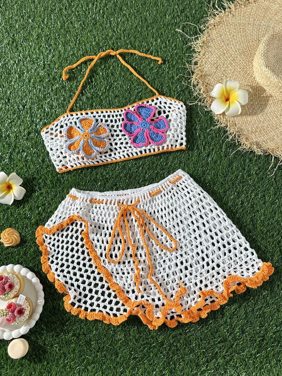 Swim Vcay Bộ 2 món gồm váy và áo khoác ngoài móc len thủ công họa tiết hoa, dây mảnh, hở lưng, thích hợp mặc đi biển và nghỉ dưỡng, mùa xuân/hè. - Nhiều màu - Xem 1