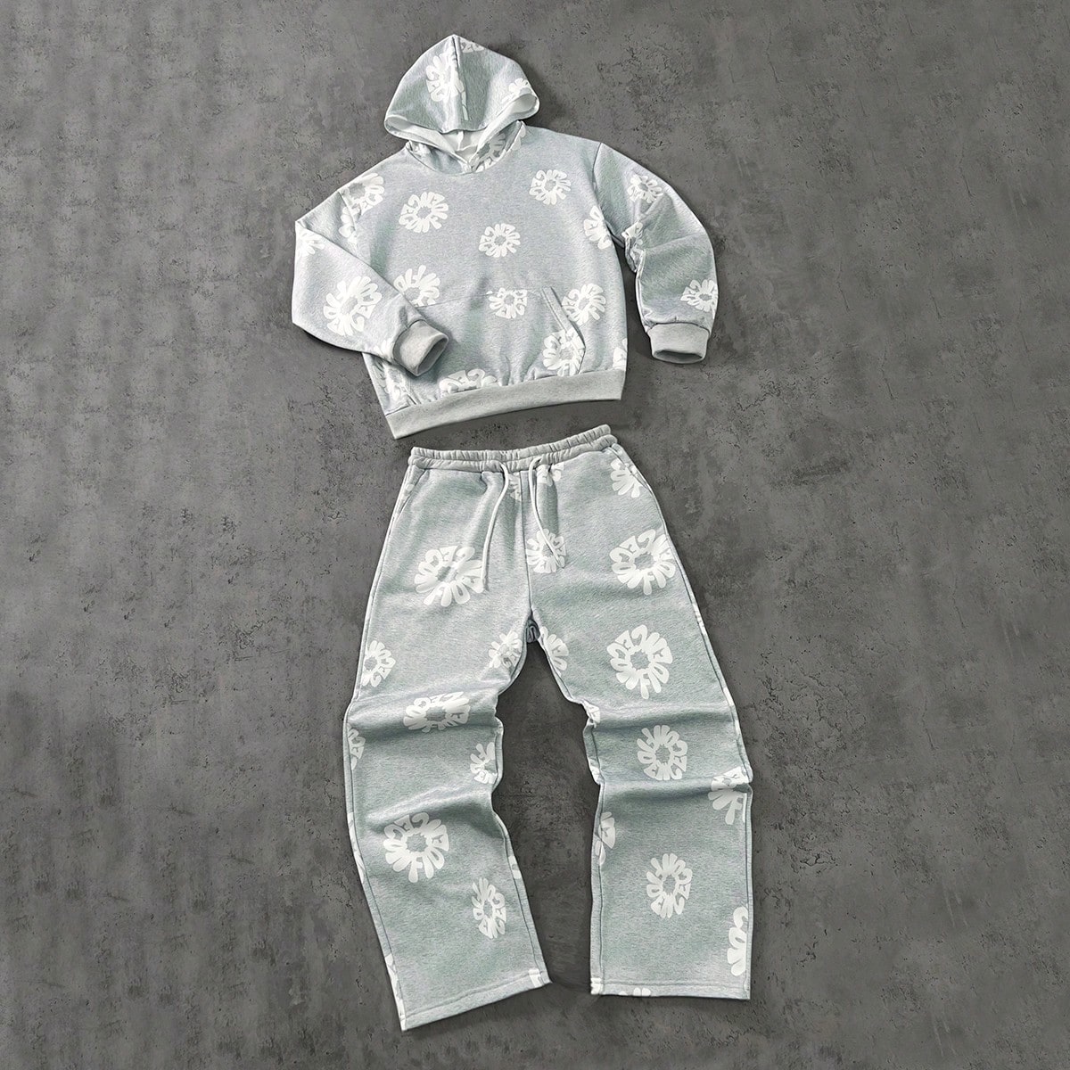Set de 2 piezas Sudadera con capucha y pantalones rectos con estampado floral para adolescentes, estilo callejero unisex