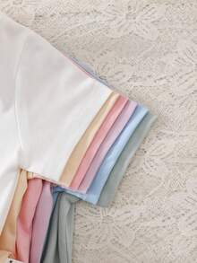 SHEIN Playful Pals 6件/套 女童百搭纯色宽松柔软针织短袖T恤，适合日常休闲穿着，春夏皆宜，多种颜色可选（黑色、粉色、白色、杏色、灰色、紫色） - 彩色 - 查看 5