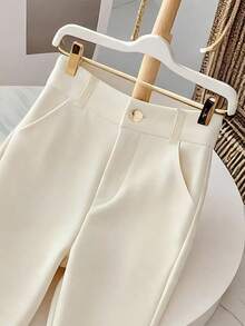 GlowEve Women's Solid Color Versatile High Waist Slit Flare Pants For Daily Commute, With Button And Zipper, Gold Button Decor, Spring/Summer