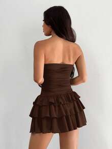 SHEIN EZwear Coffee Brown Strapless Mini Dress For Women Sleeveless Knitted Fabric With Tiered Layer Hem Casual Style Tiered Ruffle Dress Chocolate Brown Dress Strapless Brown Dress Brown Sundress Brown Summer Dress Sexy Brown Dress Coffee Brown Dress - Coffee Brown - View 2