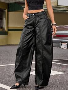 Jeanoix Y2K Retro Casual Versatile Curved Knife Faux Leather Coated Wide Leg Pants - Black - View 3