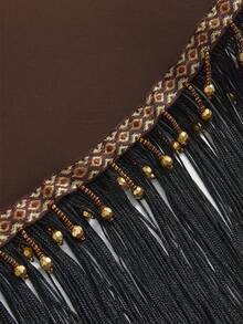 ROMWE Women's Retro Hippie Western Music Festival Paisley Print Drawstring Hem Sheer Beaded Fringe Cover Up Skirt - Brown - View 6