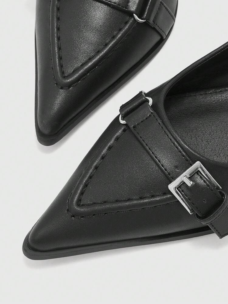 CUCCOO BIZCHIC Black Pointed Toe Slip-On Pumps With Silver Metal Square Buckle Accent, Suitable For Commuting, Dating, And Workplace Occasions Valentine's Day