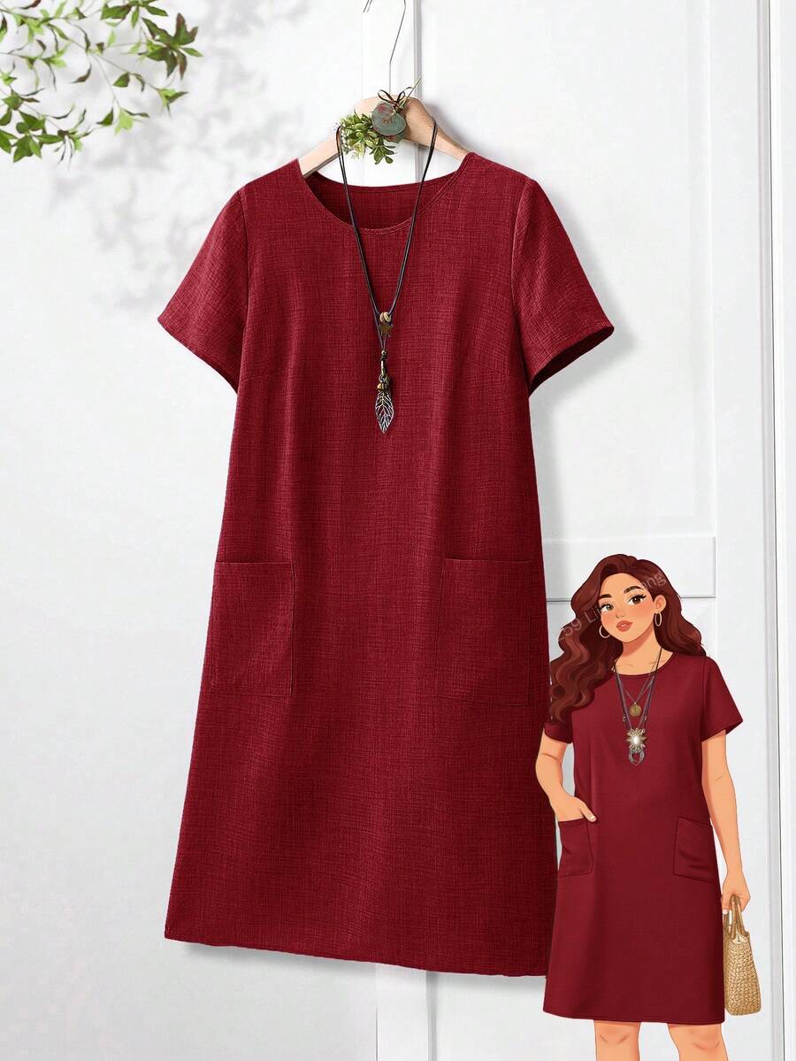 Rusticease 大码女式纯色圆领短袖双口袋直筒宽松休闲连衣裙 - 酒紅色 - 查看 1