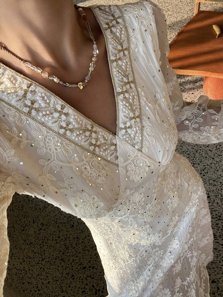 Women's Solid Color Embroidered V-Neck Long Sleeve Dress Maxi Dress Sundress