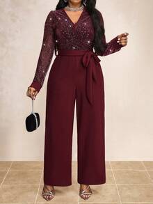 Truni 大码优雅V领束腰网眼拼布长袖连体裤 - 酒紅色 - 查看 5