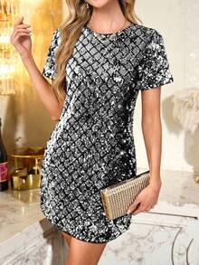 SHEIN Clasi 女士优雅亮片迷你连衣裙，闪亮夺目，适合派对、圣诞节、新年等场合 - 銀色 - 查看 8