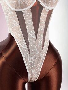 Amplova Elegant White Semi Sheer Cami Bodysuit With Intricate Lace Details - White - View 6