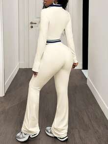 BamGleam 两件套撞色翻领短款拉链上衣和修身喇叭裤，运动休闲时尚风 - 杏色 - 查看 2