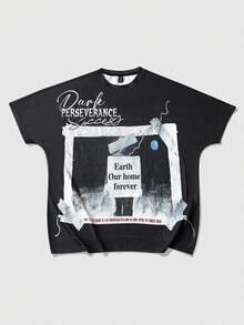 ROMWE MEN Street Life Kaos Pria Kasual Lengan Pendek Leher Bulat dengan Slogan Grafis, Musim Panas - Hitam - View 2