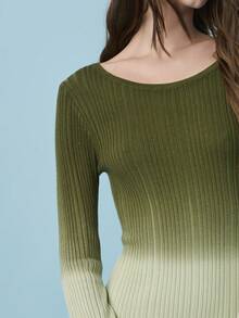 Nöista Elegant Gradient Ribbed Knit Sweater Dress With A Fitted Silhouette, Long Sleeves, And Subtle Flared Cuffs. Soft Stretch Fabric With An Ombré Green-To-Brown Finish Creates A Refined, Feminine Look Ideal For Valentine's Day Outfits, Date Nights, Spring Events, Vacations, And Elevated Everyday Wear. - Green - View 7