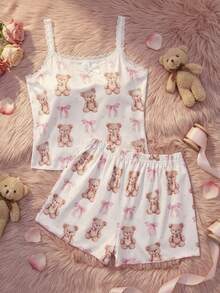 SHEIN 两件套少女小熊印花蝴蝶结荷叶边吊带背心和短裤舒适休闲修身睡衣套装 - 白色 - 查看 7