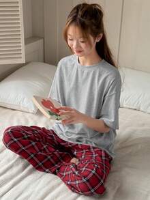 Dazy Kids Teen Girl Solid Color Round Neck Short Sleeve Top And Plaid Wide Leg Pants Casual Loungewear Set Spring Summer - Grey - View 5