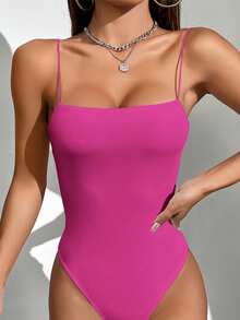 GENKIRA 女士夏季纯色修身吊带连体衣 - 玫紅色 - 查看 5