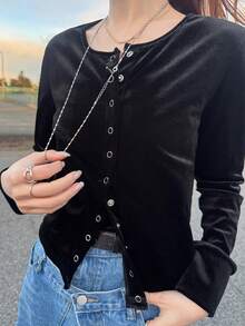 FRIFUL 2pcs Women Velvet Camisole And Cardigan Set - Black - View 2