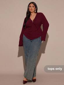 SHEIN BAE Atasan Lengan Panjang Berkerut Leher V untuk Wanita Ukuran Besar, Musim Gugur/Dingin - Burgundy - View 6