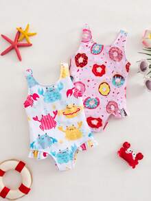 SHEIN Buy One Get One Free 2 Pieces Baby Girl Cute And Versatile Sleeveless Swimsuit Set With All-Over Crab And Macaron Patterns, Perfect For Vacations And Spring/Summer. - Multicolor - View 2