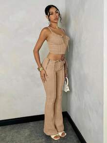 SHEIN BAE 女士休闲水洗低腰喇叭牛仔裤 - 卡其色 - 查看 5