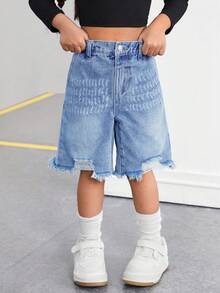 SHEIN 千禧年蓝色牛仔宽松百慕大短裤，适合年轻女孩，春夏休闲度假风牛仔服 - 中等水洗藍 - 查看 3