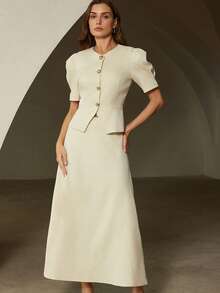 Aveloria Rosie Bộ đồ thanh lịch kiểu Pháp cổ điển gồm áo croptop tay phồng và chân váy xòe, trang phục sang trọng cho buổi hẹn hò. - trắng - Xem 5