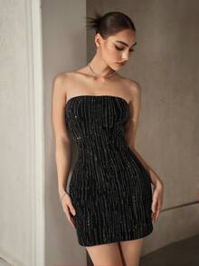 SHEIN BAE 女士夏季时尚水钻装饰牛仔吊带裙 - 黑色 - 查看 5