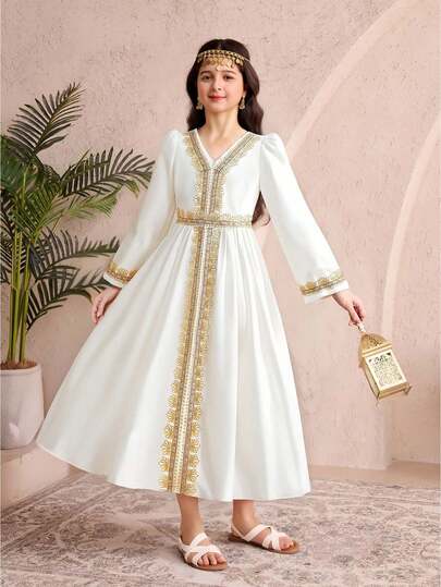 女童优雅白色V领长袖正式连衣裙，适合晚宴、宴会、婚礼、生日、学校、旅行等场合。