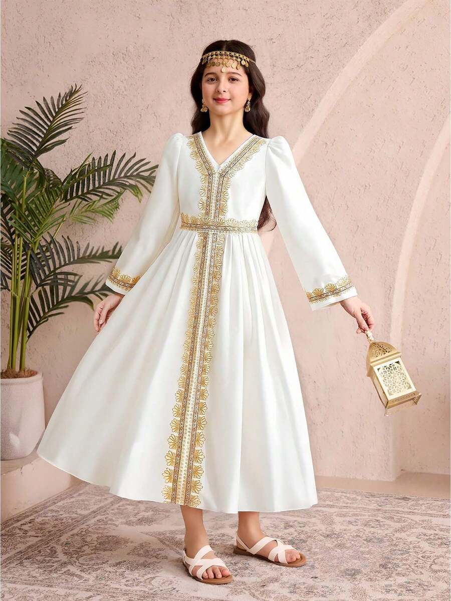 女童优雅白色V领长袖正式连衣裙，适合晚宴、宴会、婚礼、生日、学校、旅行等场合。 - 白色 - 查看 1