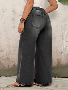 SHEIN Tall CURVE 高个子加大码春夏度假女式宽松口袋阔腿休闲舒适黑色直筒牛仔裤 - 黑色 - 查看 2