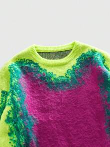 ROMWE MEN Street Life Spring Casual Graphic Men'S Loose Fit Crew Neck Jacquard Knit Long Sleeve Sweater - Green - View 3
