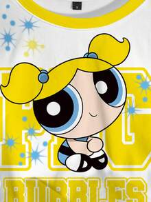 THE POWERPUFF GIRLS X SHEIN 女士休闲可爱卡通字母印花宽松短款T恤，时尚百搭，适合日常通勤和夏季穿着 - 白色 - 查看 3