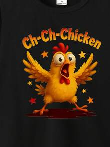 SHEIN 男童休闲时尚创意个性清新简约可爱卡通小鸡、星星、字母印花基础款短袖T恤，舒适日常穿着，温暖的夏秋款式，适合春、夏、秋季穿着。 - 黑色 - 查看 5