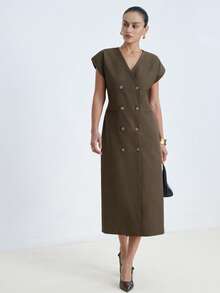 Aveloria Modichic French Elegant Style, Button Decor, Refined Office Lady Vibe Sleeveless Fitted Long Dress - Mocha Brown - View 4
