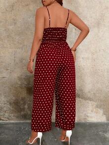 SHEIN Clasi 大码夏季时尚波点印花吊带连体裤 - 酒紅色 - 查看 2