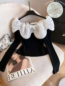SHEIN Franclia 女士优雅通勤露肩黑白撞色波浪荷叶边花卉装饰修身上衣 - 彩色 - 查看 1