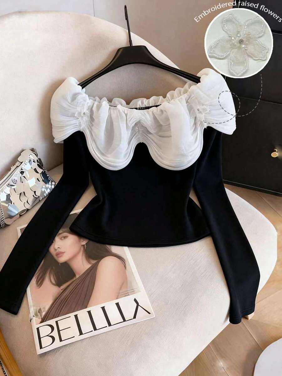 SHEIN Franclia 女士优雅通勤露肩黑白撞色波浪荷叶边花卉装饰修身上衣 - 彩色 - 查看 1