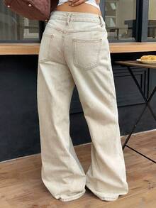 SHEIN PETITE 秋冬女款休閒度假水洗復古寬版米色水洗牛仔緊身牛仔褲，適合嬌小女性 - 米色 - 查看 2