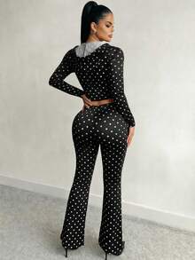 SHEIN SXY 两件套加大码波点印花连帽长袖上衣和喇叭裤套装 - 黑色 - 查看 2