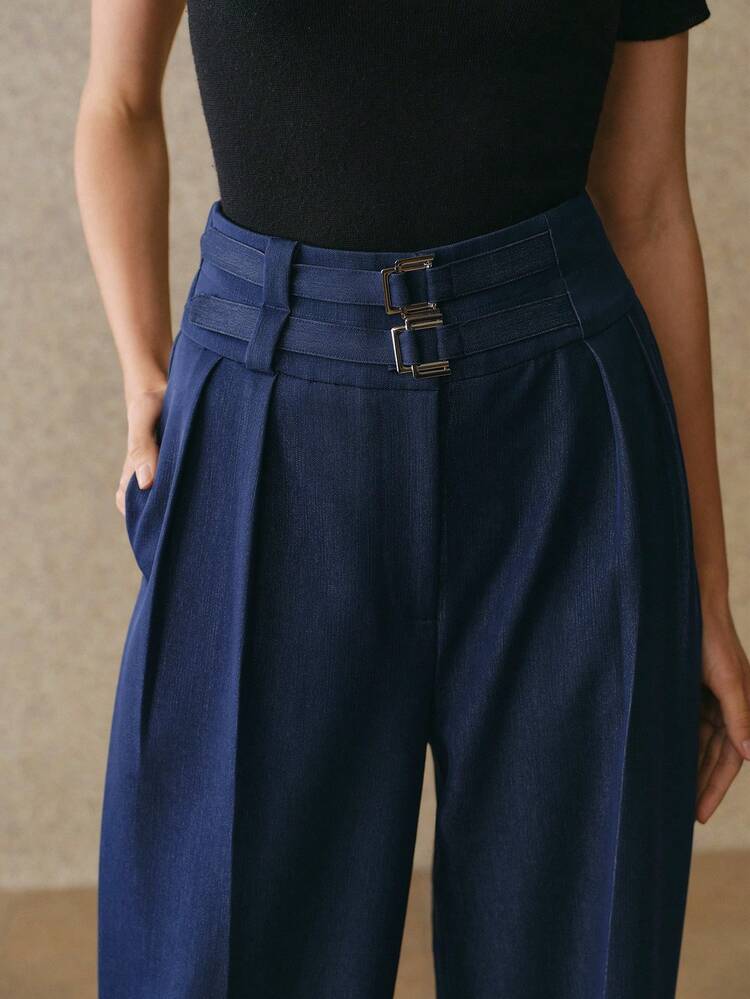 Vintage Design Double Belt Buckle Decor Super High Waist Casual Draping Women's Suit Pants, Spring/Summer Navy Blue Pants High Waist Pants Wide Leg Pants Buckle Waist Pants Pleated Pants