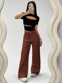 SHEIN ICON 女士休闲日常通勤简约百搭纯色宽松阔腿牛仔裤 - 咖啡棕 - 查看 4