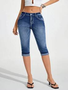 Jeanoix 女士休闲水洗修身刺绣口袋牛仔裤 - 藍色 - 查看 5