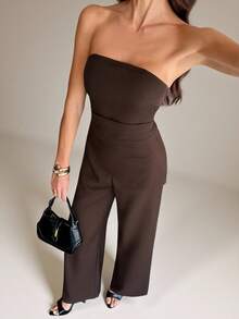 SHEIN Tall Women's Casual Sleeveless Top And Pants Suit Set, Summer In Fall/Winter Brown Two Piece Set Strapless Jumpsuit Brown Jumpsuit Dark Brown Top Chocolate Brown Top Brown Strapless Top Strapless Top And Pants Set Dark Brown Two Piece Set Chocolate Brown Outfit Wide Leg Brown Pants - Brown - View 3